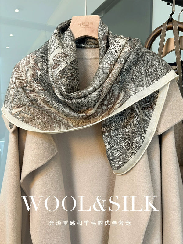 "Japanese Elegant Beige" double-sided Fu Bao silk wool scarf women's winter silk wool square scarf multi-functional shawl