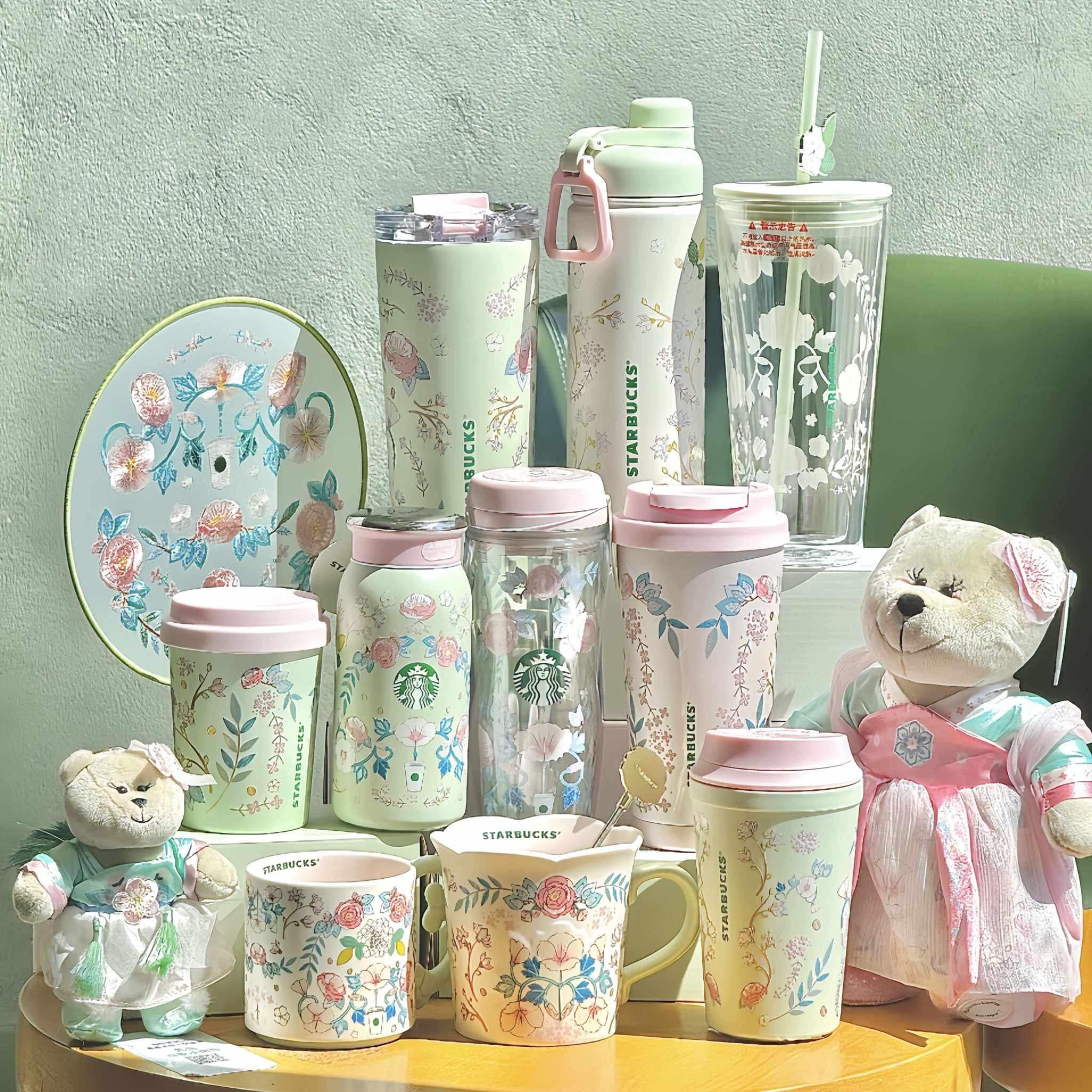 Starbucks cup 2025 spring flower fresh and romantic high-value ceramic mug stainless steel straw tumbler.