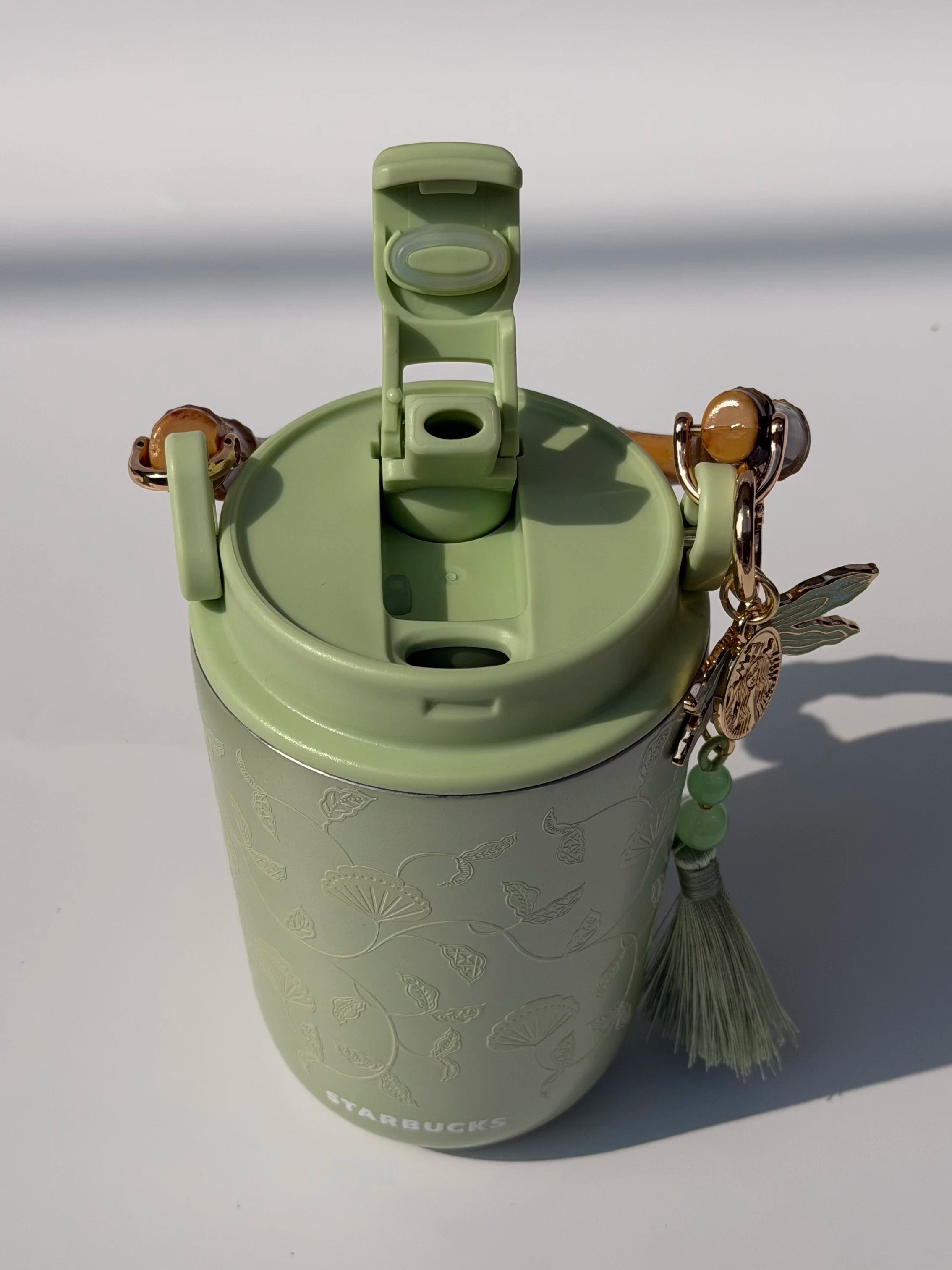 Starbucks cup 2026 spring sequence pattern Chinese green portable bamboo handle double drinking spout stainless steel cup