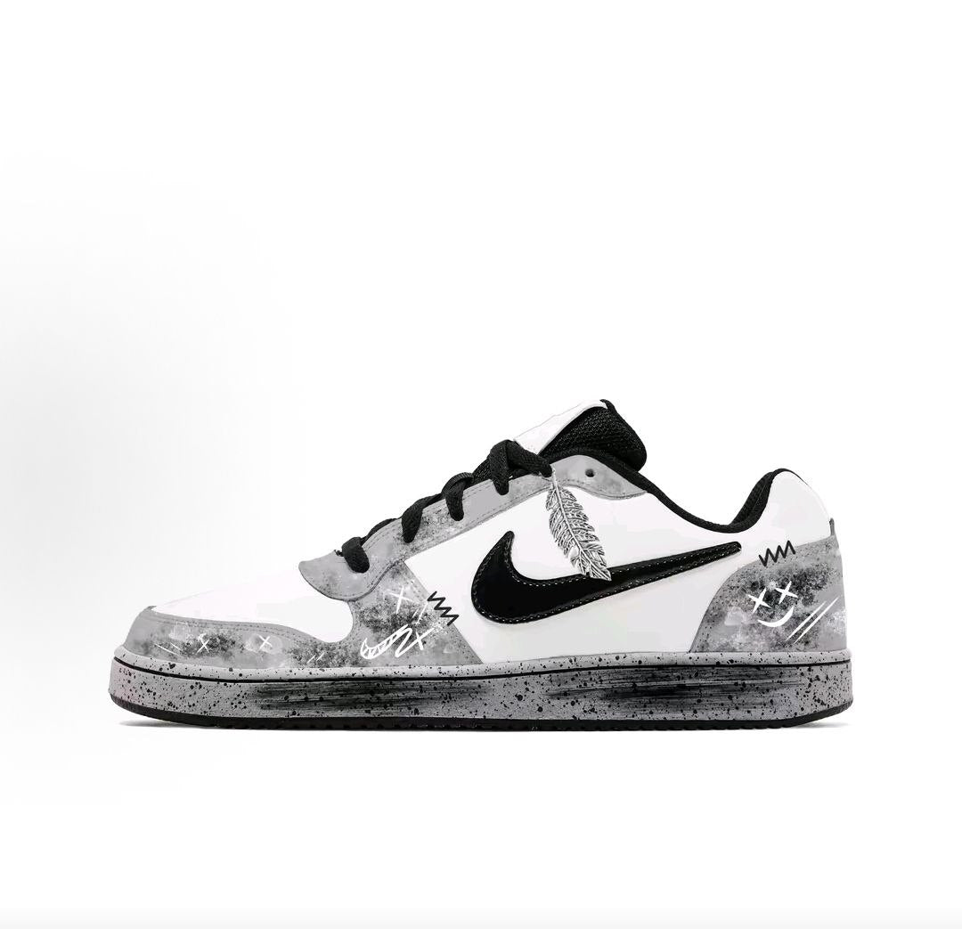 View the side profile of the حذاء نايك الأصلي featuring Nike Shoes design, representing the finest شوز نايك المميز مع حذاء نايكي مون رمادي وأبيض | Nike Moon Grey & White وتصاميم nike schuhe.