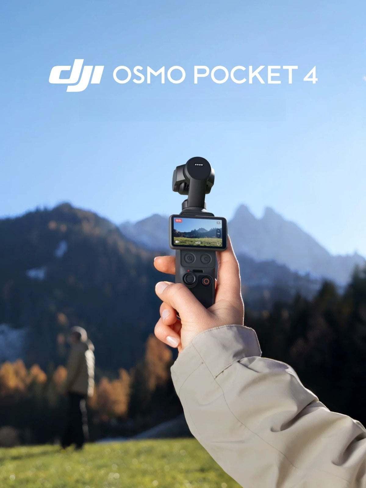 Holding the DJI Osmo Pocket 4 gimbal camera in hand during an outdoor mountain adventure trip, demonstrating portability.