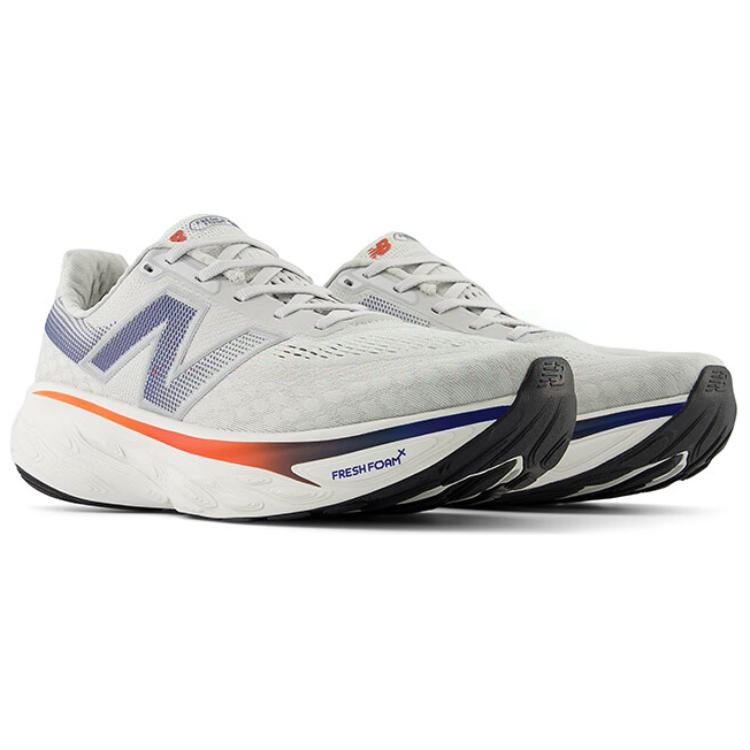 Pair of grey New Balance running shoes viewed from the front angle with thick Fresh Foam X cushioning
