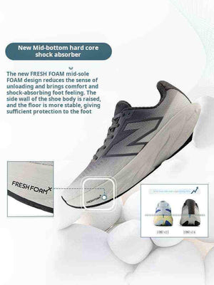 Promotional graphic highlighting the Fresh Foam X midsole technology of a grey New Balance running shoe, featuring inset diagrams detailing cushioning stability and a rear comparison between the 1080 v13 and v14 models.