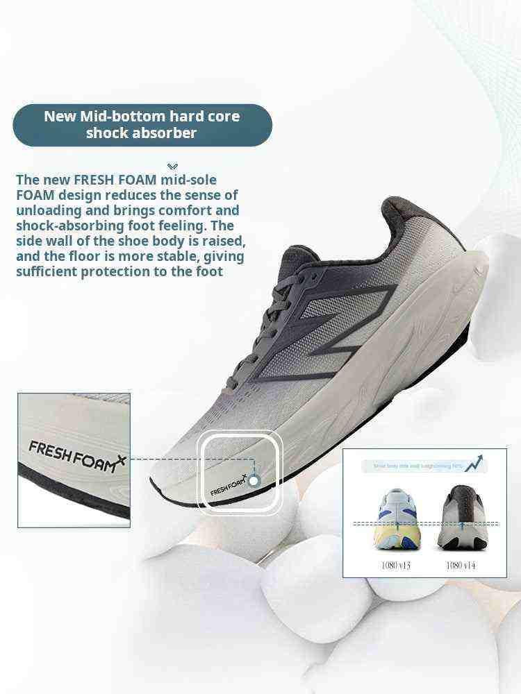 Promotional graphic highlighting the Fresh Foam X midsole technology of a grey New Balance running shoe, featuring inset diagrams detailing cushioning stability and a rear comparison between the 1080 v13 and v14 models.