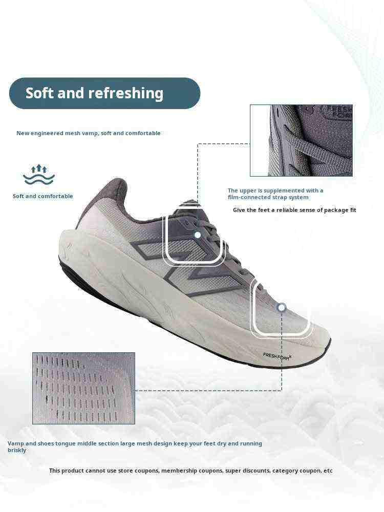 Promotional infographic for a grey New Balance running shoe detailing upper features, highlighting the engineered mesh vamp and film-connected strap system with inset close-up images.