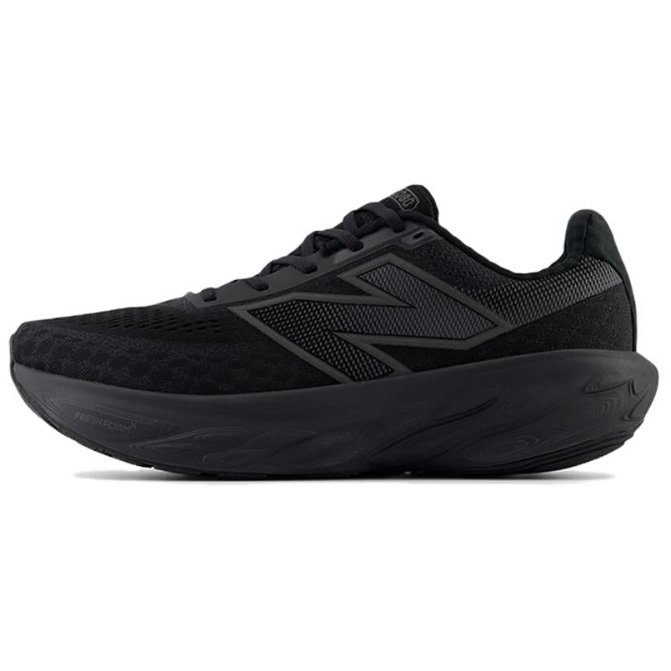 Side profile of an all-black New Balance Fresh Foam X 1080 running shoe, featuring a dark mesh upper, subtle dark "N" logo, and a thick black cushioned sole