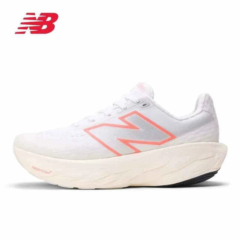 Side view profile of a white New Balance running sneaker with coral pink logo outlines and thick Fresh Foam X cushioning