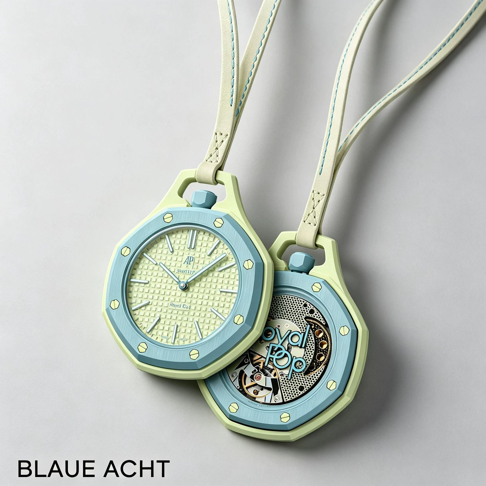 Two pastel mint green Blaue Acht pocket watches showcasing the detailed mechanical craftsmanship.