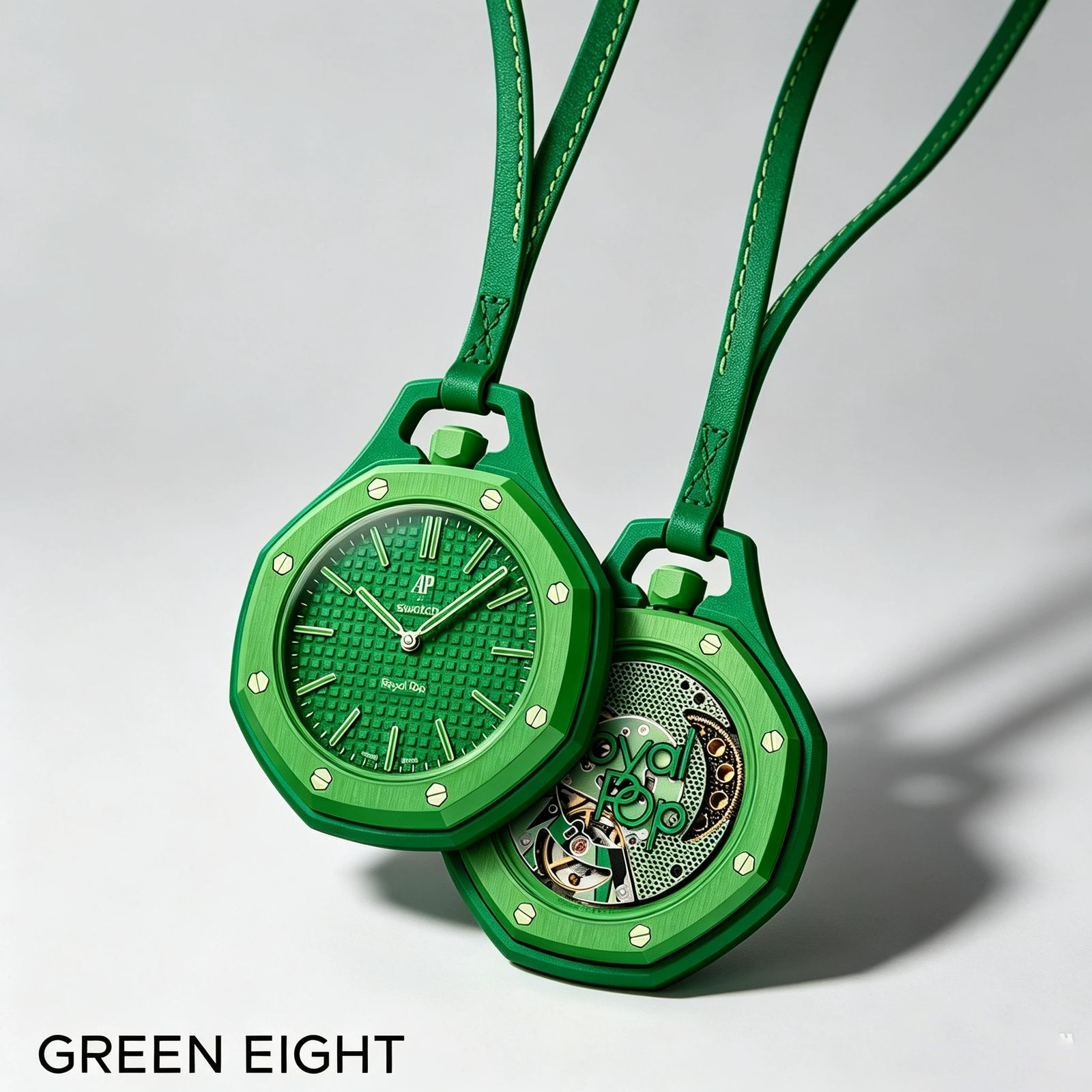 Pair of vibrant green Green Eight bioceramic pocket watches highlighting the lightweight material texture.