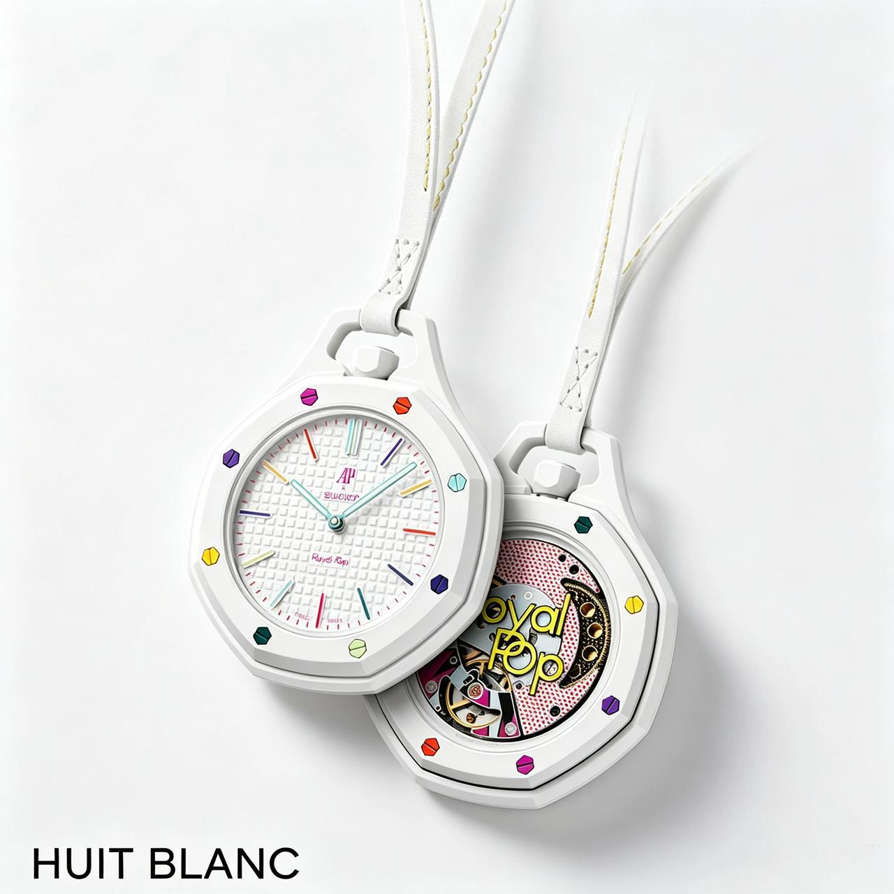 Two matte white Huit Blanc bioceramic watches featuring the iconic Royal Oak octagonal design elements and exposed screws.