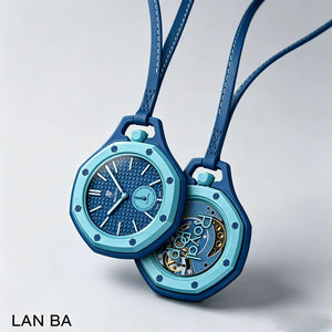 Two light blue Lan Ba bioceramic pocket watches shown with their genuine leather neck straps against a gray studio background.