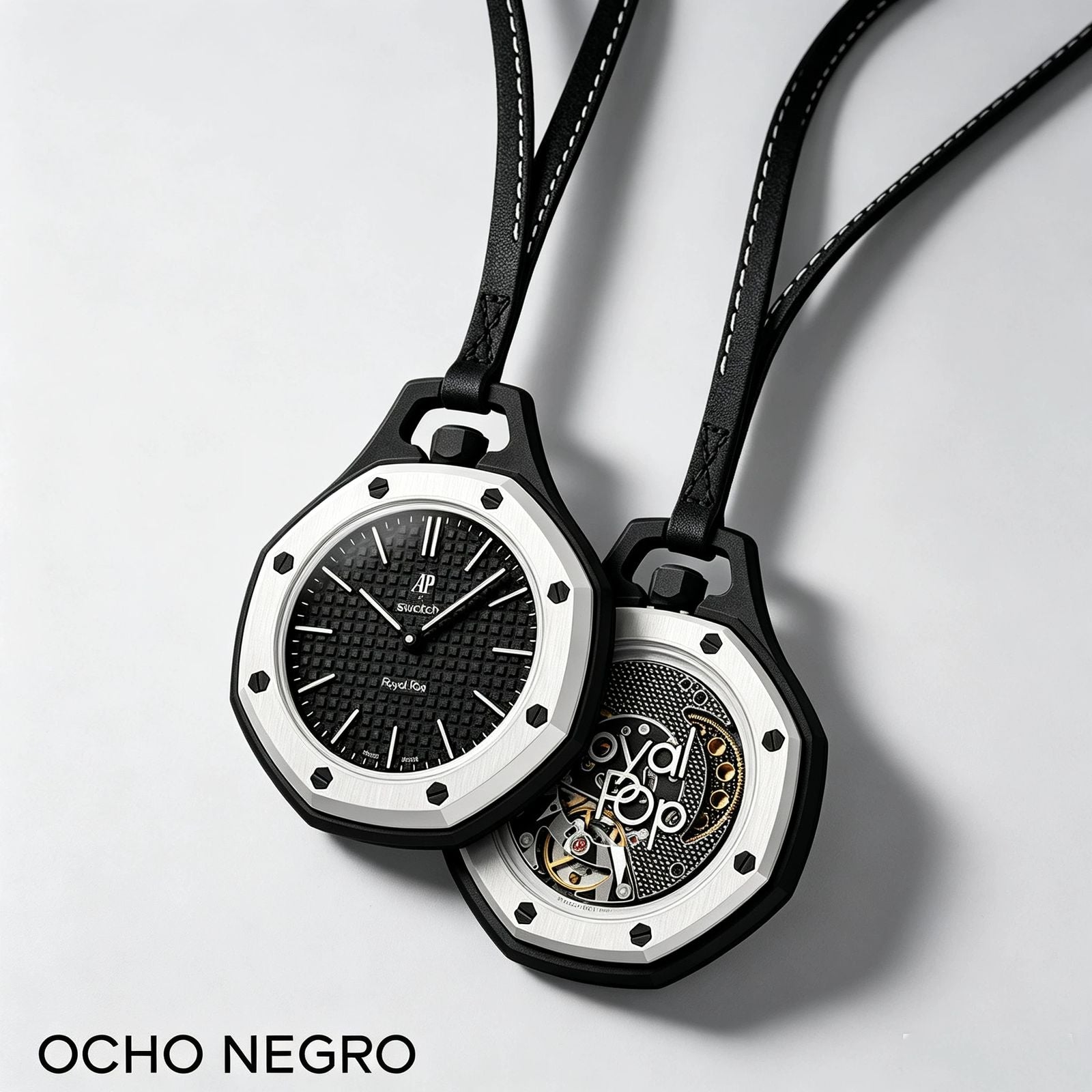 Two black Ocho Negro bioceramic mechanical watches with matching leather straps showing the open-worked skeleton movement.