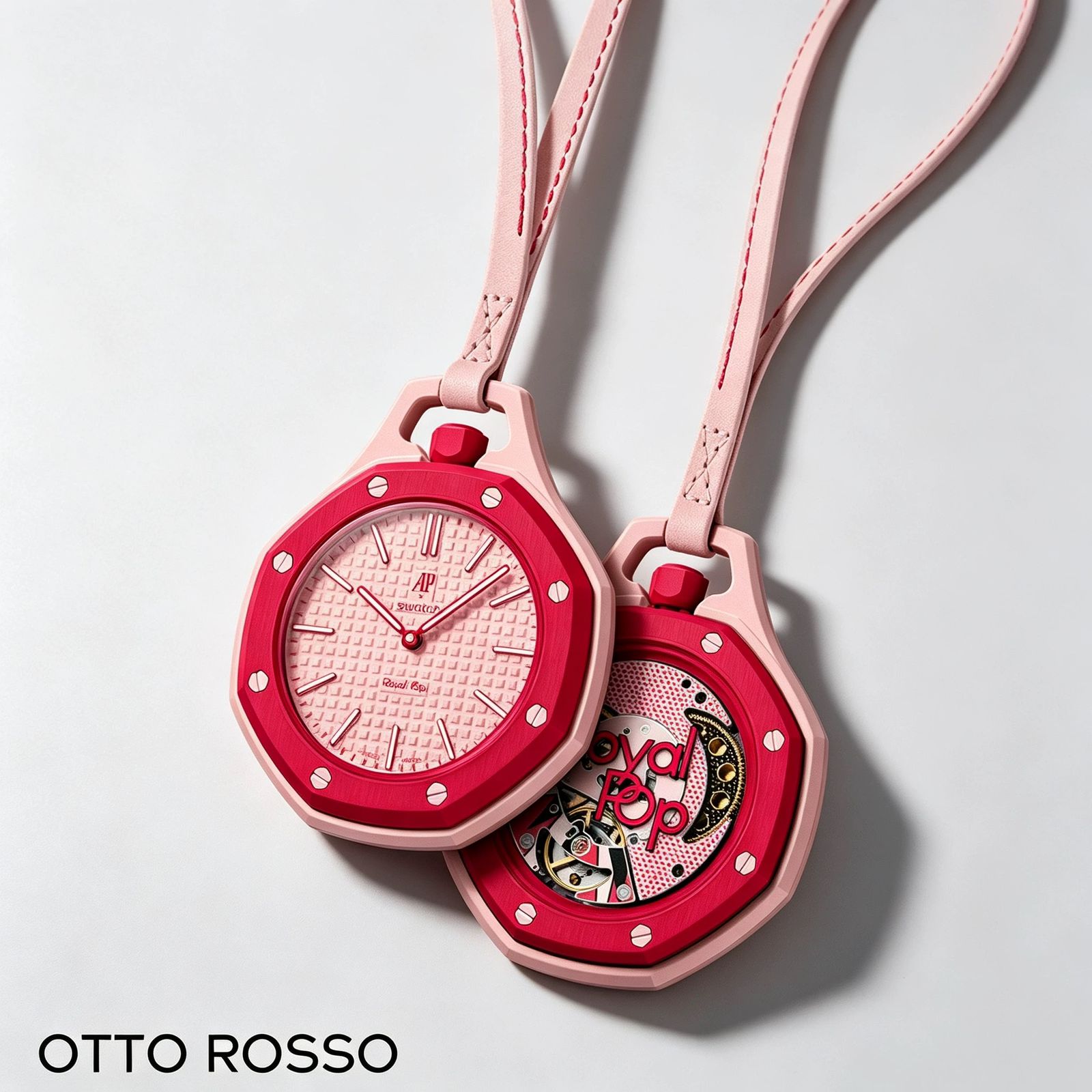 Pair of red and pink Otto Rosso mechanical pocket watches displaying the skeletonized dial details.