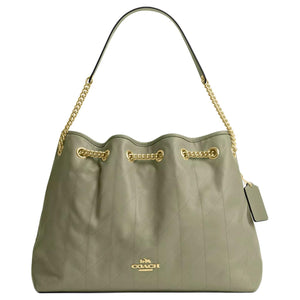 COACH EVELYN 34 quilted detail gold hardware cowhide leather handbag shoulder bag large size women's gray-green