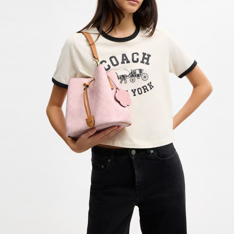 COACH Rowan 21 Classic Monogram Detachable Shoulder Strap Bucket Bag Synthetic Leather Crossbody Handbag Small Women's Sakura Pink