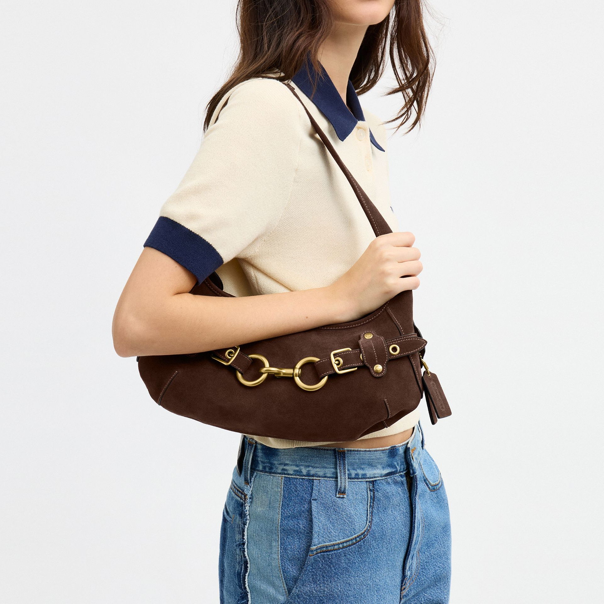 COACH 34 Belted Ergo Smooth Design Pull Buckle Hardware Cow Split Cowhide Leather Single Shoulder Bag Large Unisex Couple Style Dark Chocolate Color
