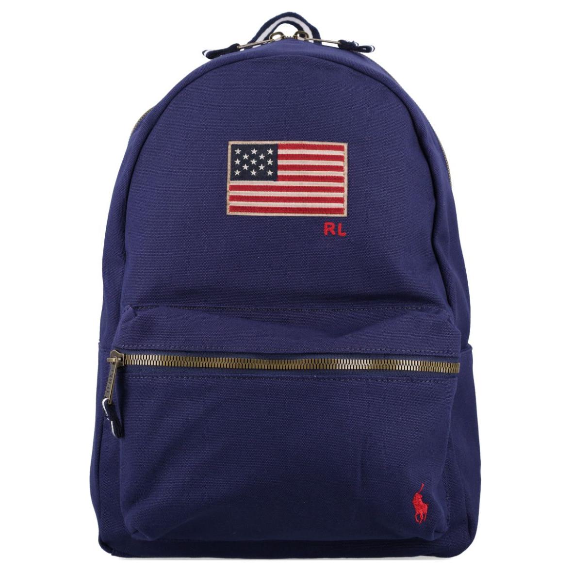 Polo Ralph Lauren zipper closure front embroidered with logo, cotton backpack, unisex couple's style, navy blue