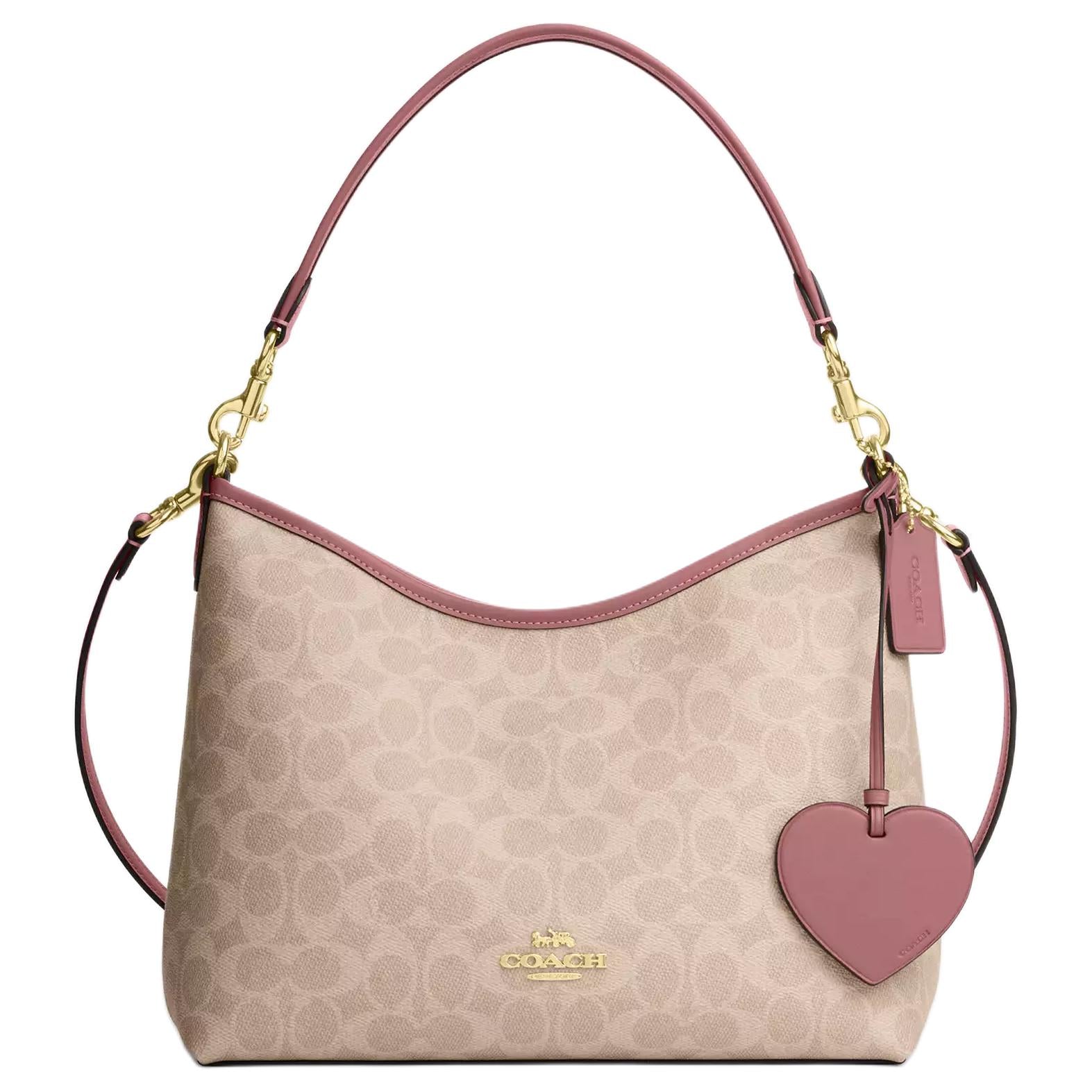 COACH Laurel 31 Brand Letter Logo Heart Pendant Artificial Leather Crossbody Single Shoulder Bag Large Women's Sand Color with Asphalt