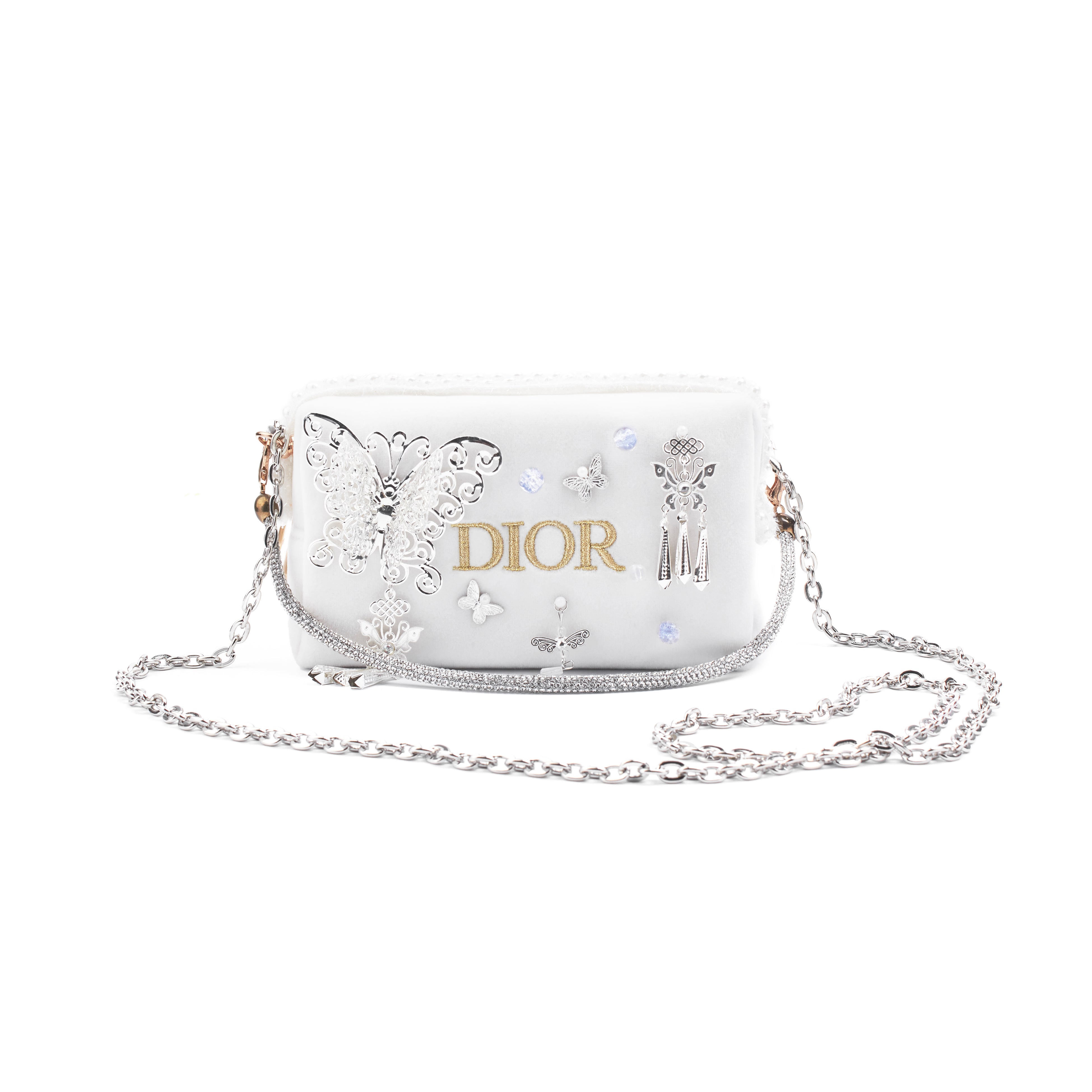 DIOR [Custom Makeup Bag] Little Flower Moonlight Butterfly Shadow Beautiful Romantic Elegant Butterfly Pearl Japanese Sweet Regular Velvet Makeup Bag