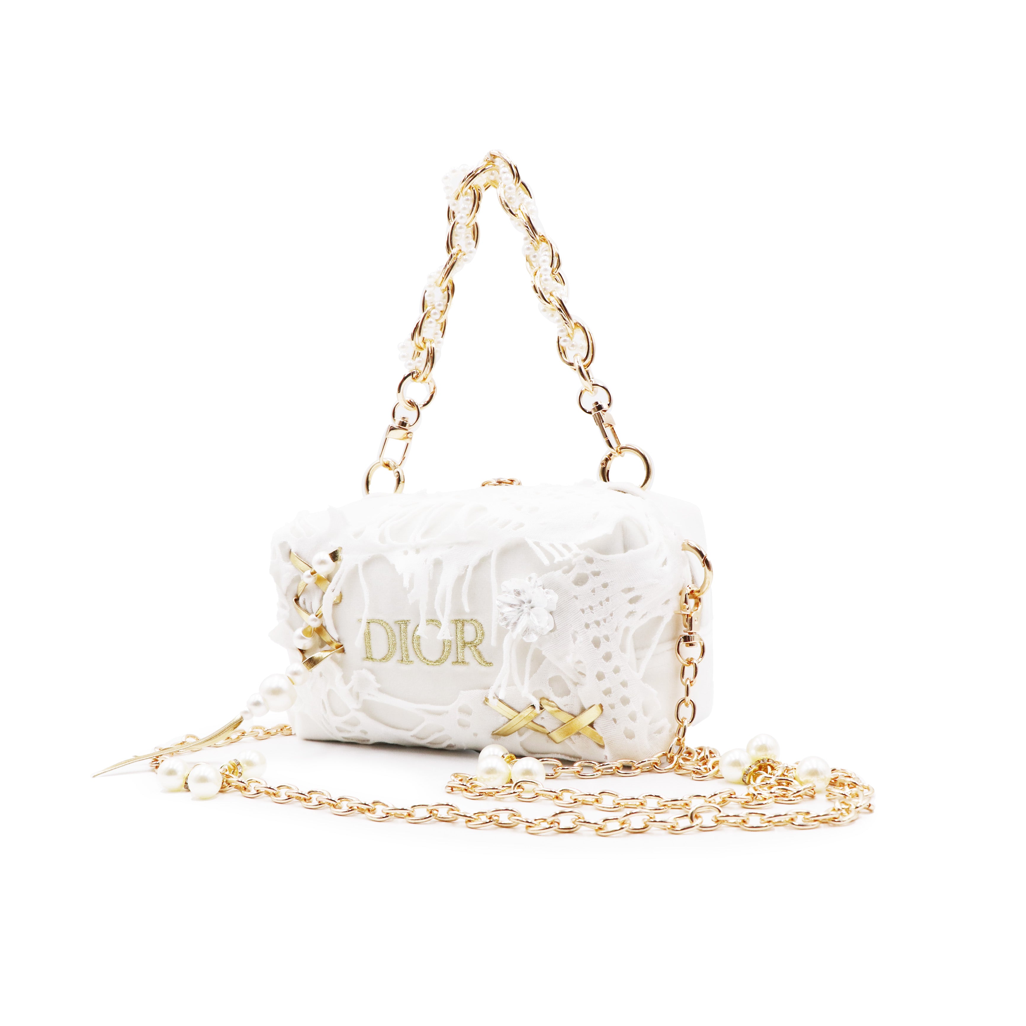 DIOR [Custom Makeup Bag] Steam Puppet Armstanton Love Letter Metal Chain Plant Fiber Low Luxury Artistic Style Portable Storage Shoe Crossbody Handbag Platinum