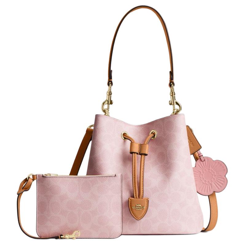 COACH Rowan 21 Classic Monogram Detachable Shoulder Strap Bucket Bag Synthetic Leather Crossbody Handbag Small Women's Sakura Pink