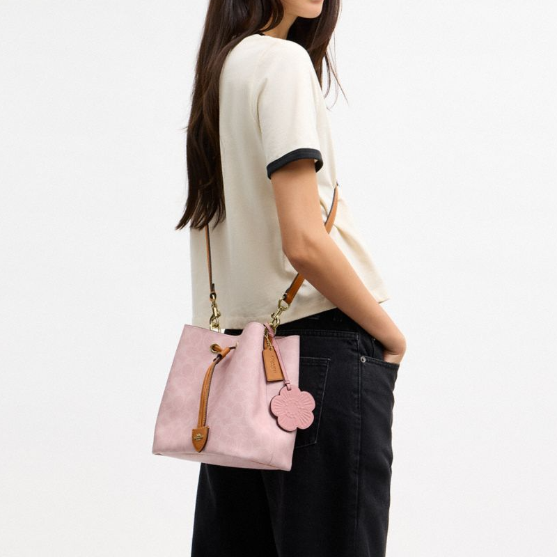 COACH Rowan 21 Classic Monogram Detachable Shoulder Strap Bucket Bag Synthetic Leather Crossbody Handbag Small Women's Sakura Pink