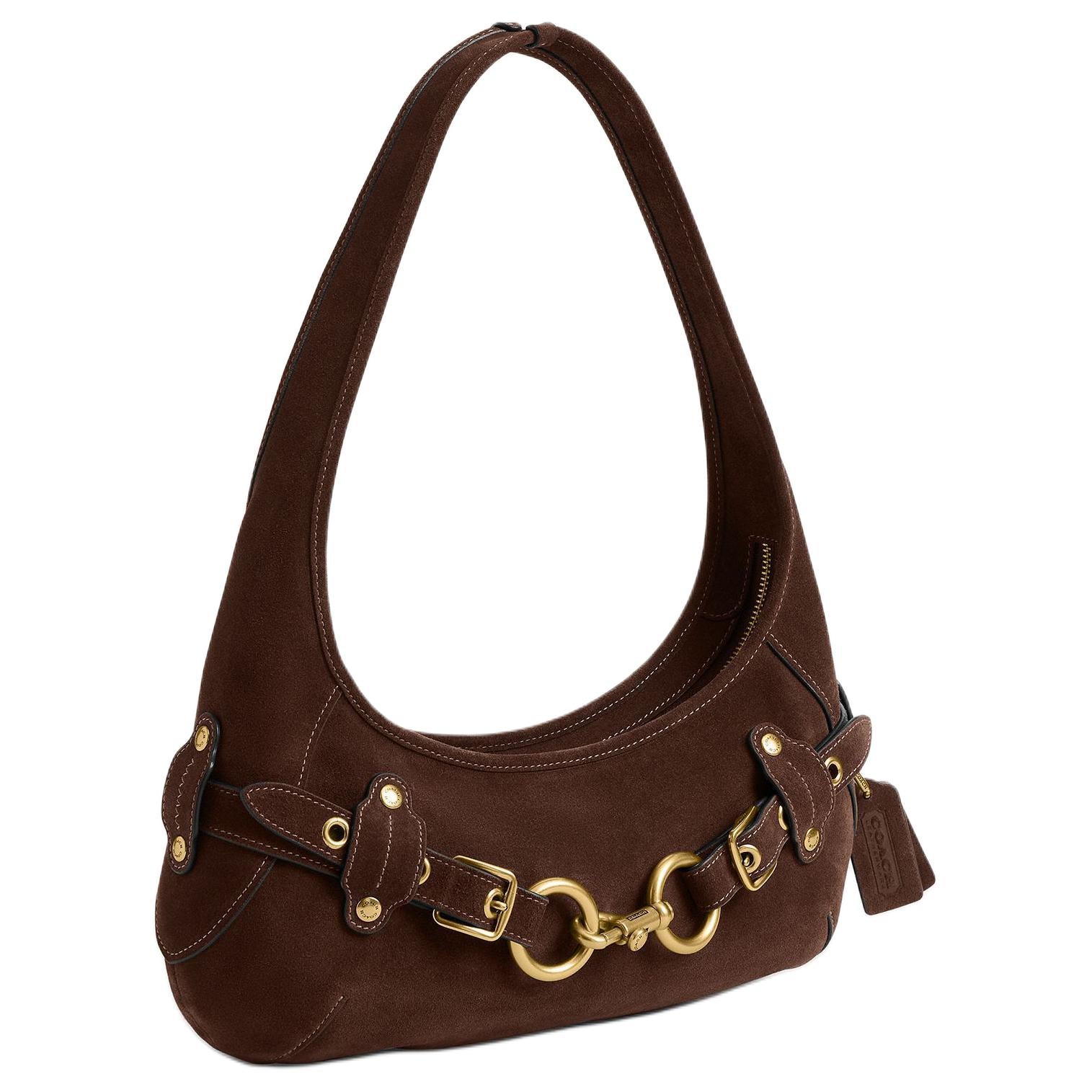 COACH 34 Belted Ergo Smooth Design Pull Buckle Hardware Cow Split Cowhide Leather Single Shoulder Bag Large Unisex Couple Style Dark Chocolate Color
