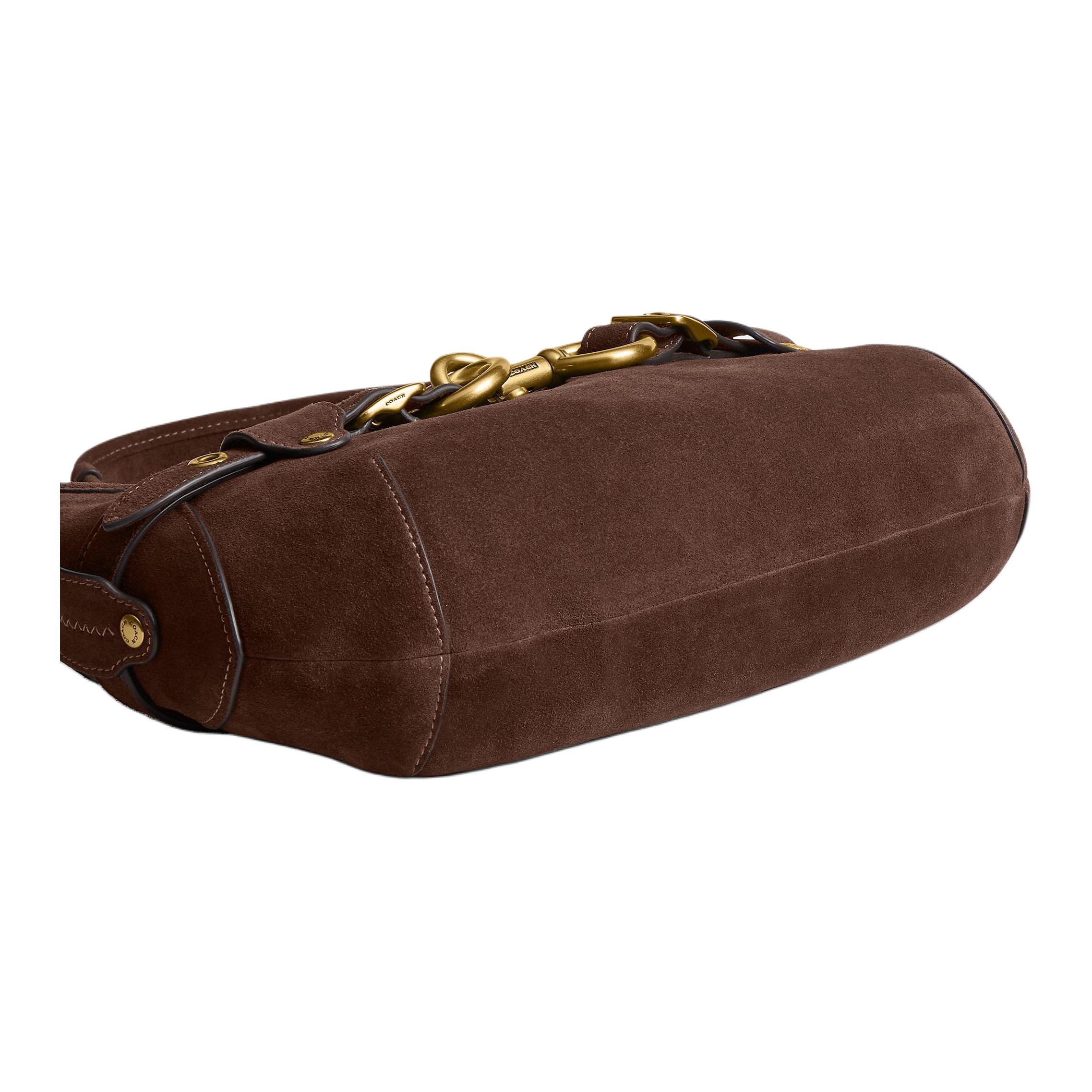 COACH 34 Belted Ergo Smooth Design Pull Buckle Hardware Cow Split Cowhide Leather Single Shoulder Bag Large Unisex Couple Style Dark Chocolate Color