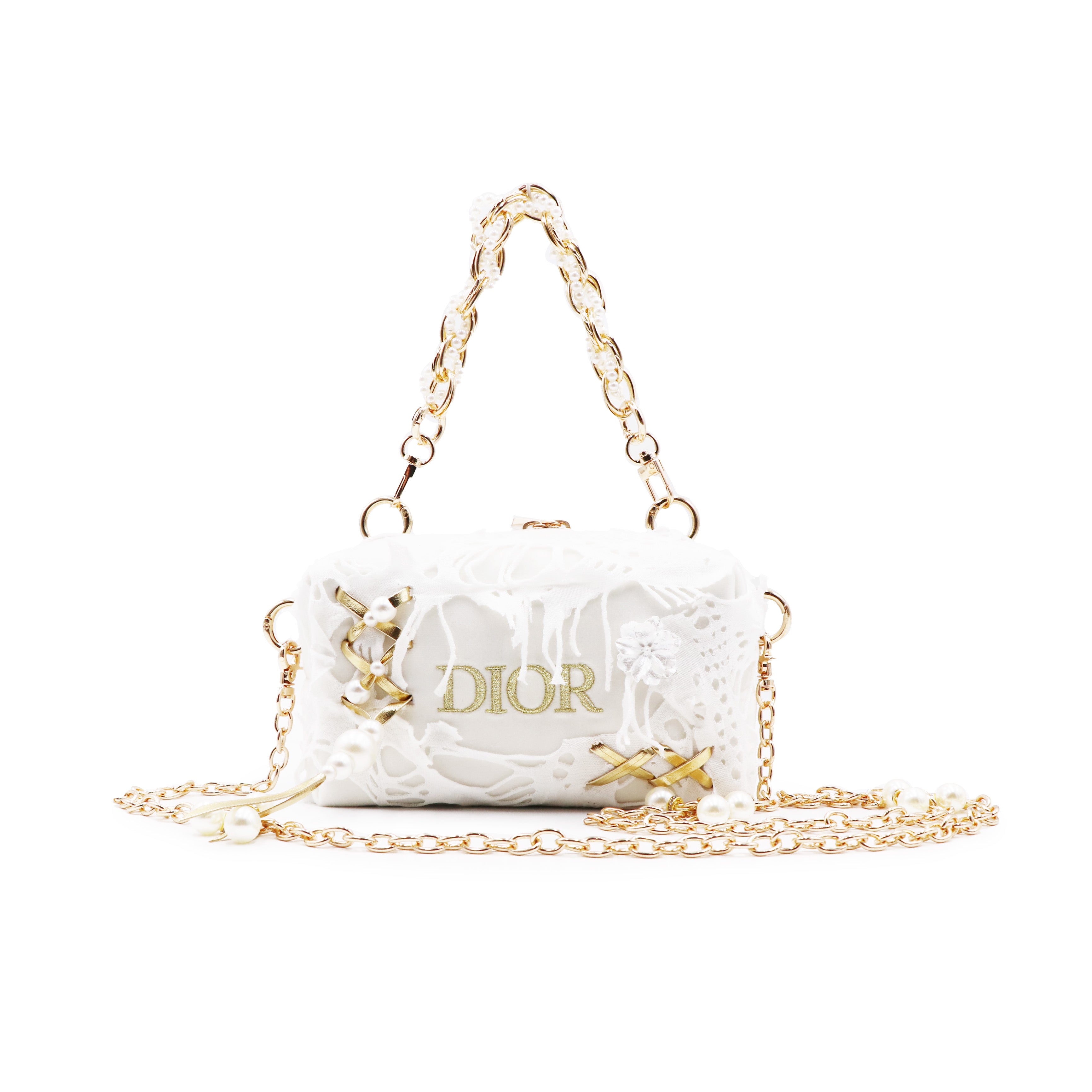DIOR [Custom Makeup Bag] Steam Puppet Armstanton Love Letter Metal Chain Plant Fiber Low Luxury Artistic Style Portable Storage Shoe Crossbody Handbag Platinum