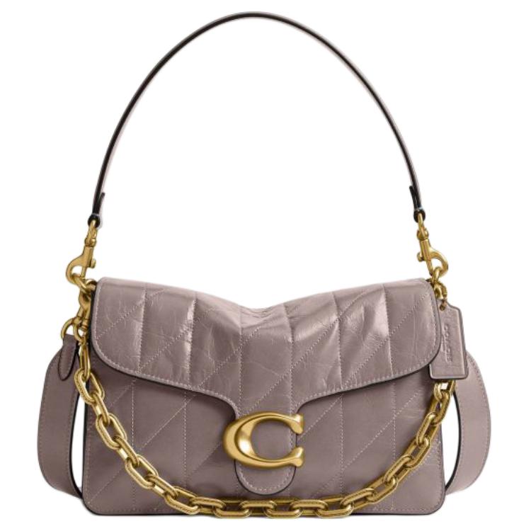 COACH ChainTabby 26 Quilted Chain Metal Logo Detachable Shoulder Strap Cowhide Leather Crossbody Single Shoulder Bag Medium Women's Ash Color