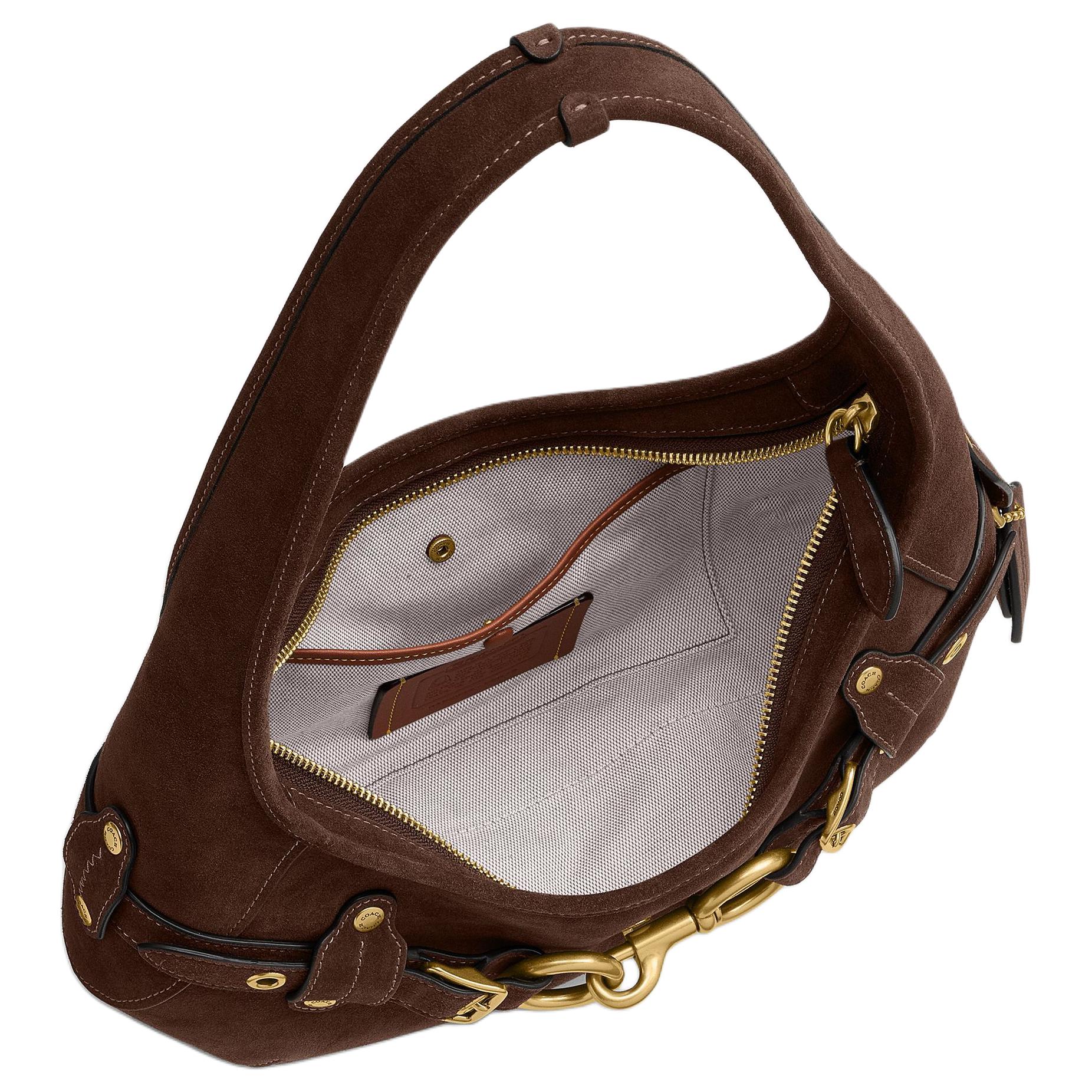 COACH 34 Belted Ergo Smooth Design Pull Buckle Hardware Cow Split Cowhide Leather Single Shoulder Bag Large Unisex Couple Style Dark Chocolate Color