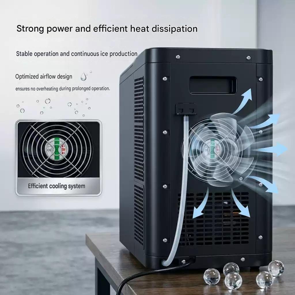 Rear view diagram showing the efficient cooling system, exhaust fan, and heat dissipation mechanism of a black ice maker machine.