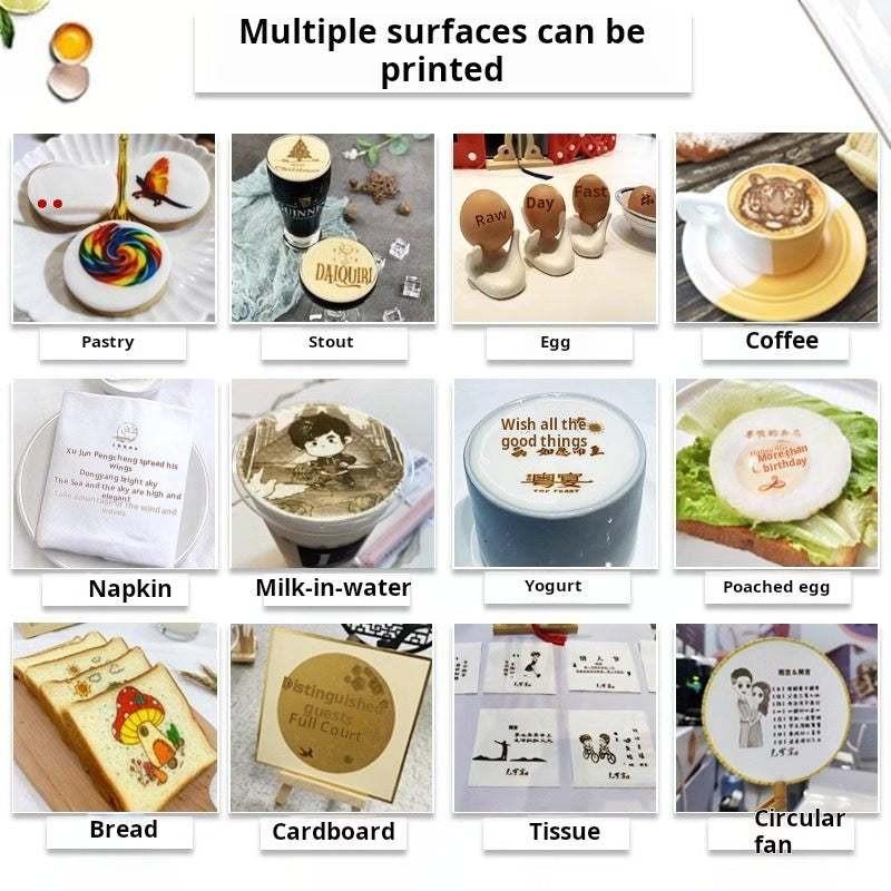 الأسطح المتعددة للطباعة بـ طابعة الرسم على القهوة Evebot printable surfaces on drinks and pastry.