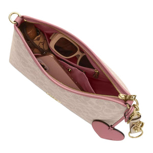 COACH Laurel 31 Brand Letter Logo Heart Pendant Artificial Leather Crossbody Single Shoulder Bag Large Women's Sand Color with Asphalt