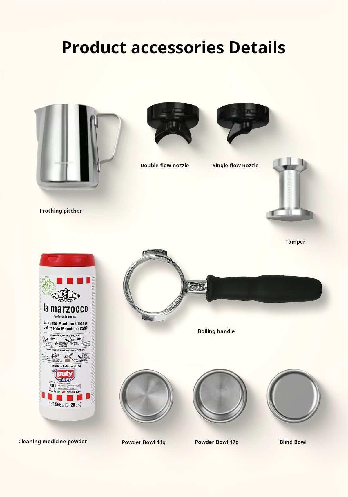 الملحقات والأدوات المرفقة مع مكينة قهوة La Marzocco Linea Micra product accessories details flat lay.