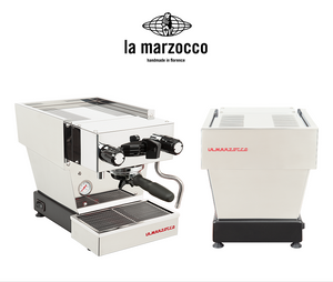 ماكينة تحضير اسبرسو منزلية La Marzocco Linea Micra باللون الكريمي front and back studio views.