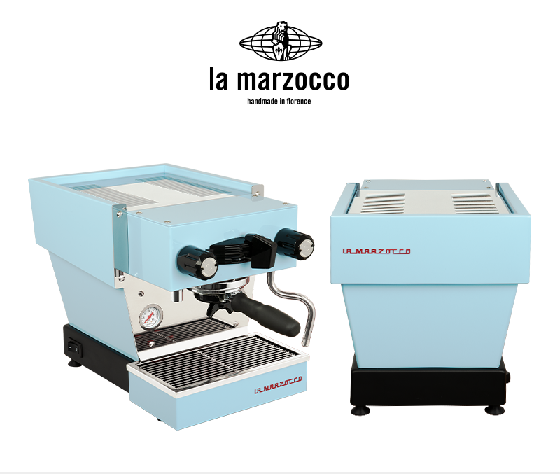 صانعة قهوة La Marzocco Linea Micra باللون الأزرق الفاتح light blue studio views.