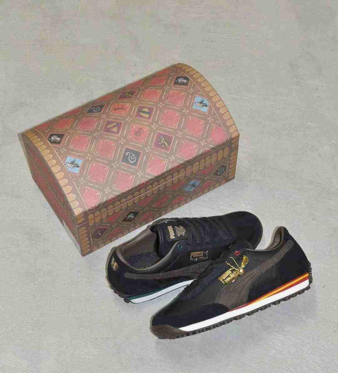 Puma Easy Rider Harry Potter shoes placed next to closed Hogwarts chest special edition box.