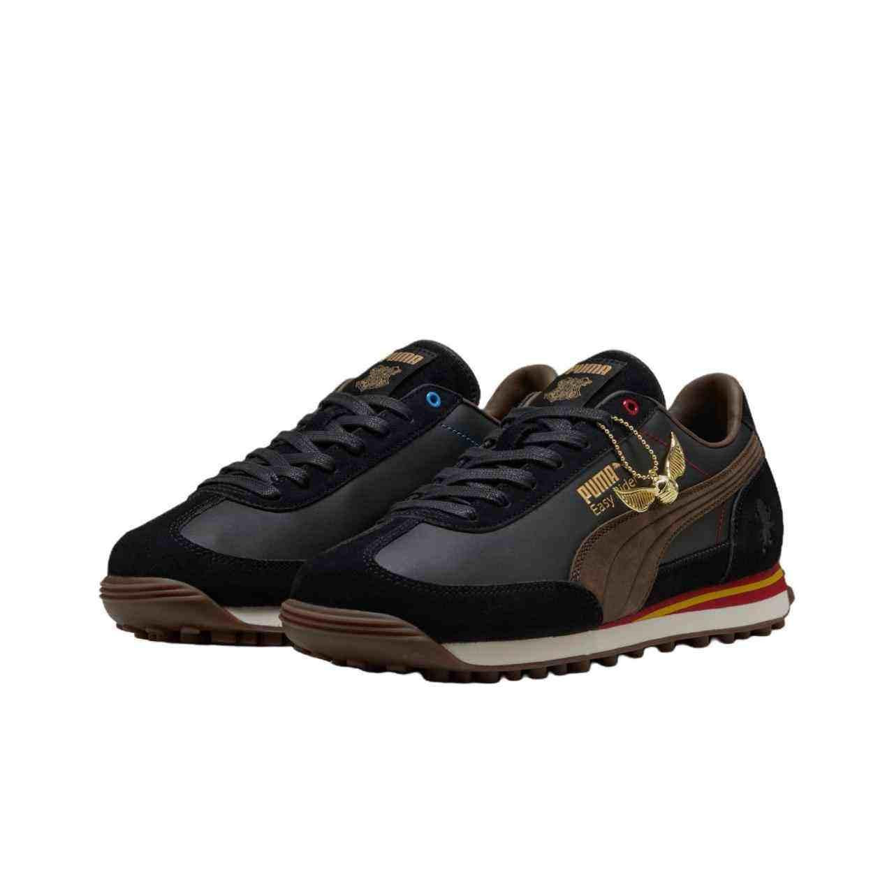 Pair of original Puma Easy Rider Harry Potter shoes front angle view displaying golden Snitch charm.