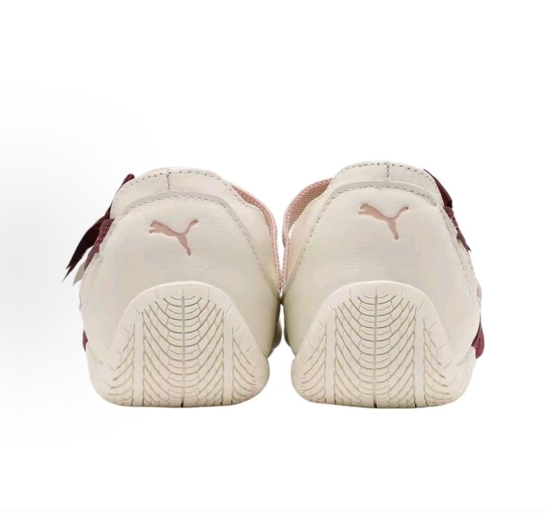 Puma Speedcat Ballet cream burgundy shoes back view displaying heel construction and logo.