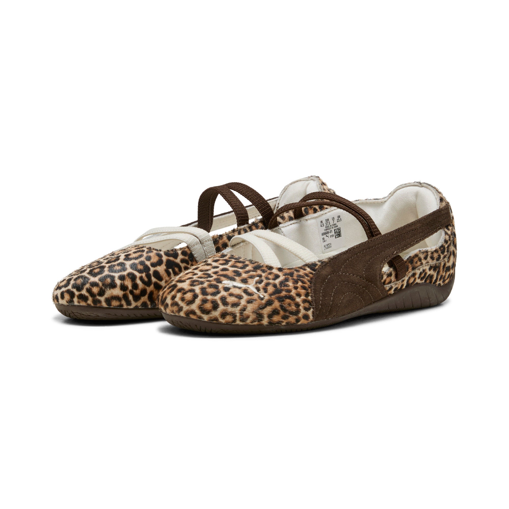 Pair of original Puma Speedcat Ballet leopard print shoes front angle view on white background.
