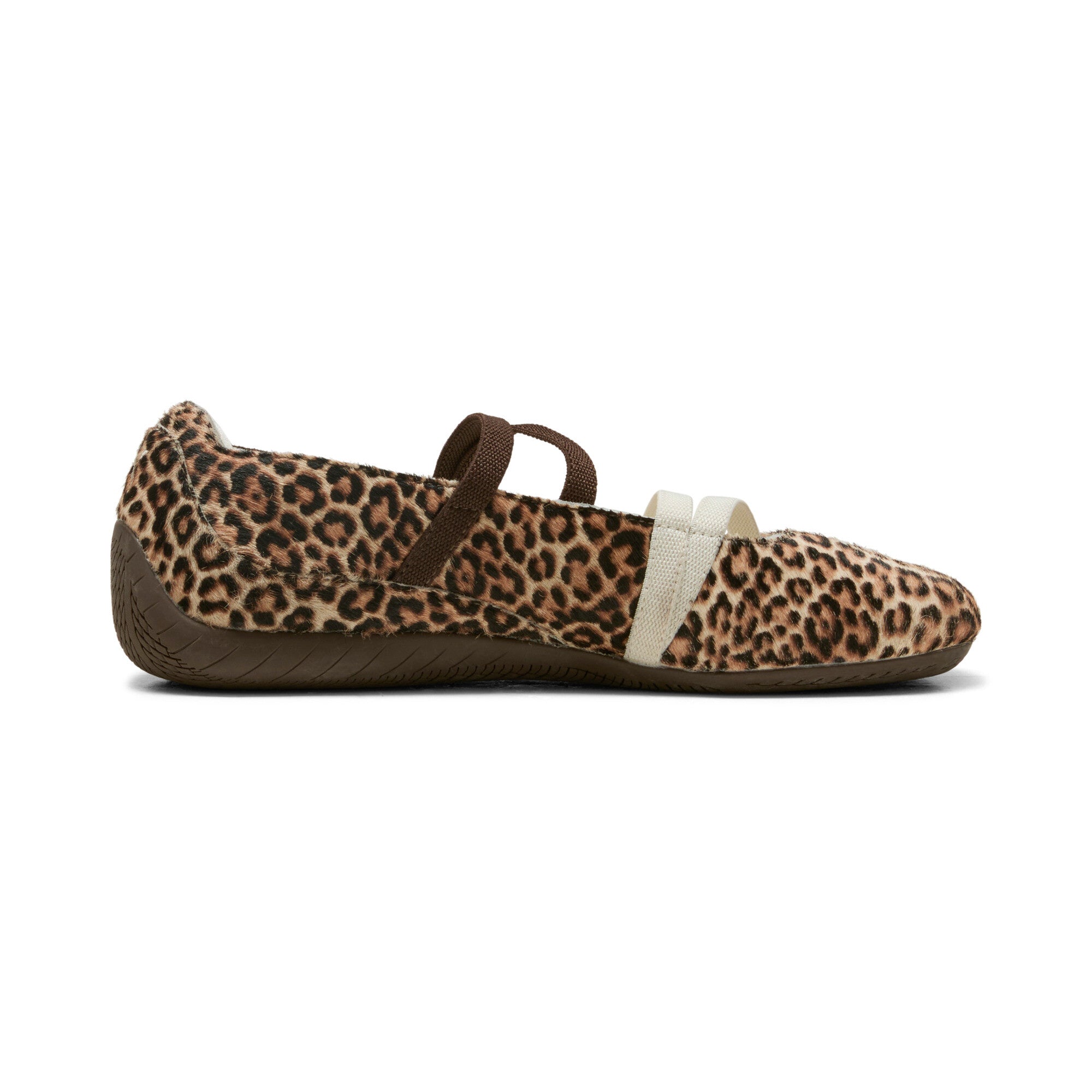 Puma Speedcat Ballet leopard women shoes profile view showing crossover straps detail.