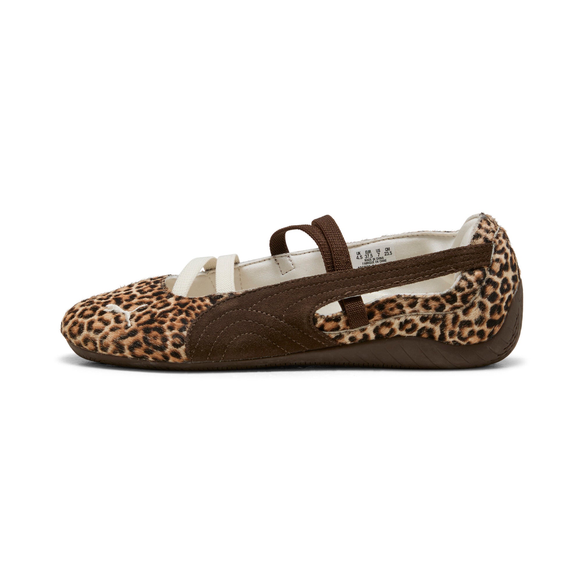 Puma Speedcat Ballet leopard shoes side view displaying brown suede accent and print.