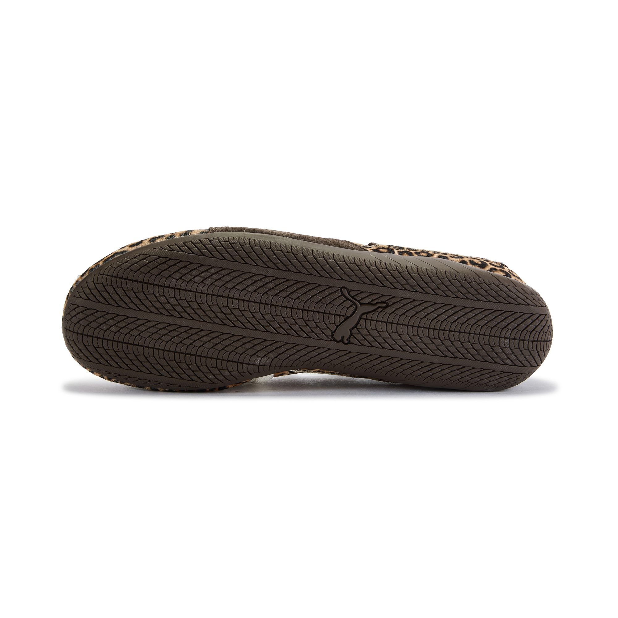 Puma Speedcat Ballet leopard shoes bottom view showing dark rubber outsole and tread pattern.