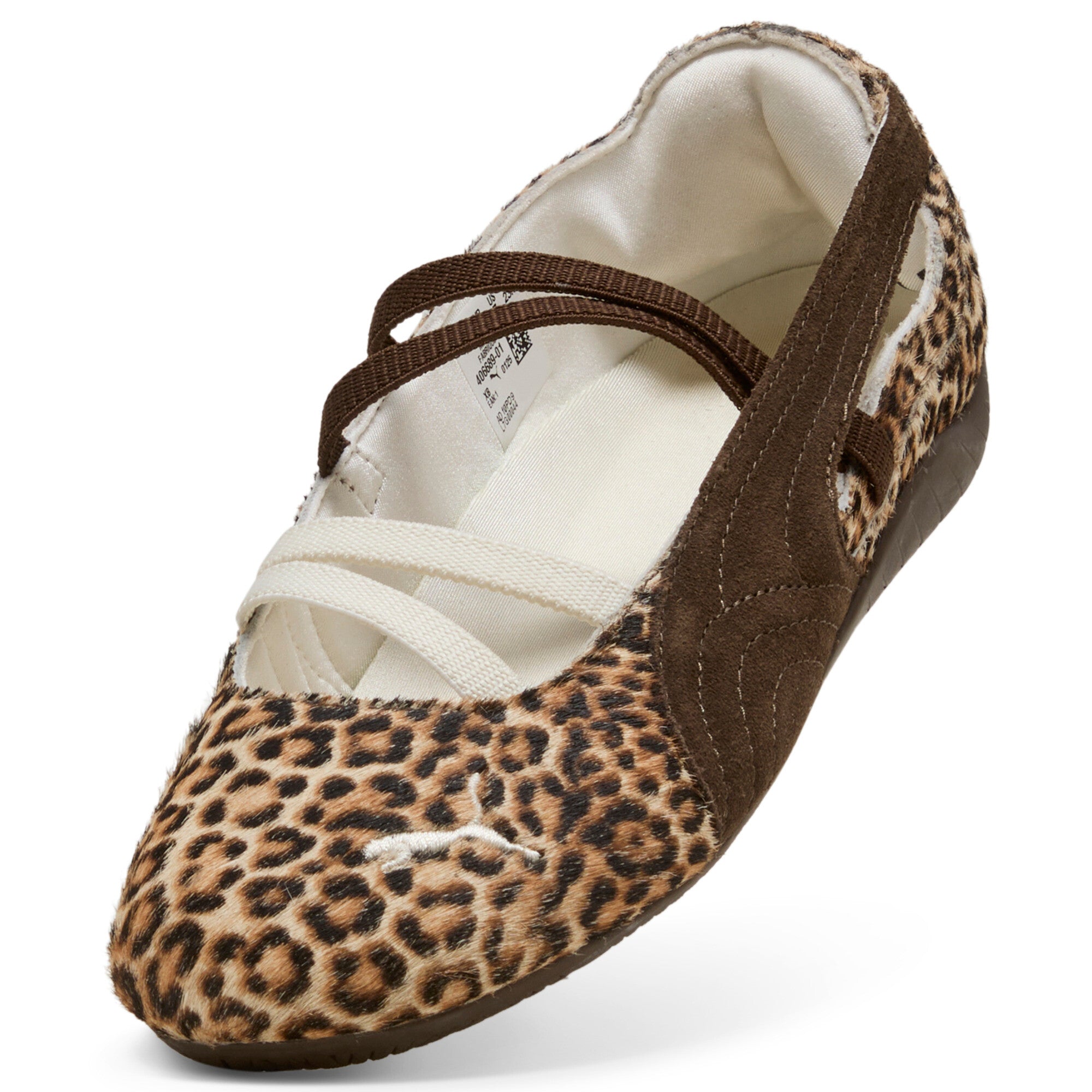 Puma Speedcat Ballet leopard shoes top perspective view showing toe box and upper straps.