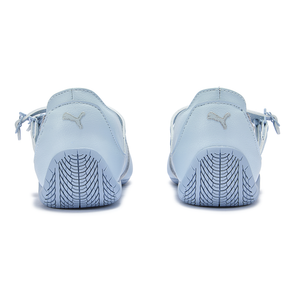Puma Speedcat Ballet light blue silver shoes back view showing heel construction and logo.
