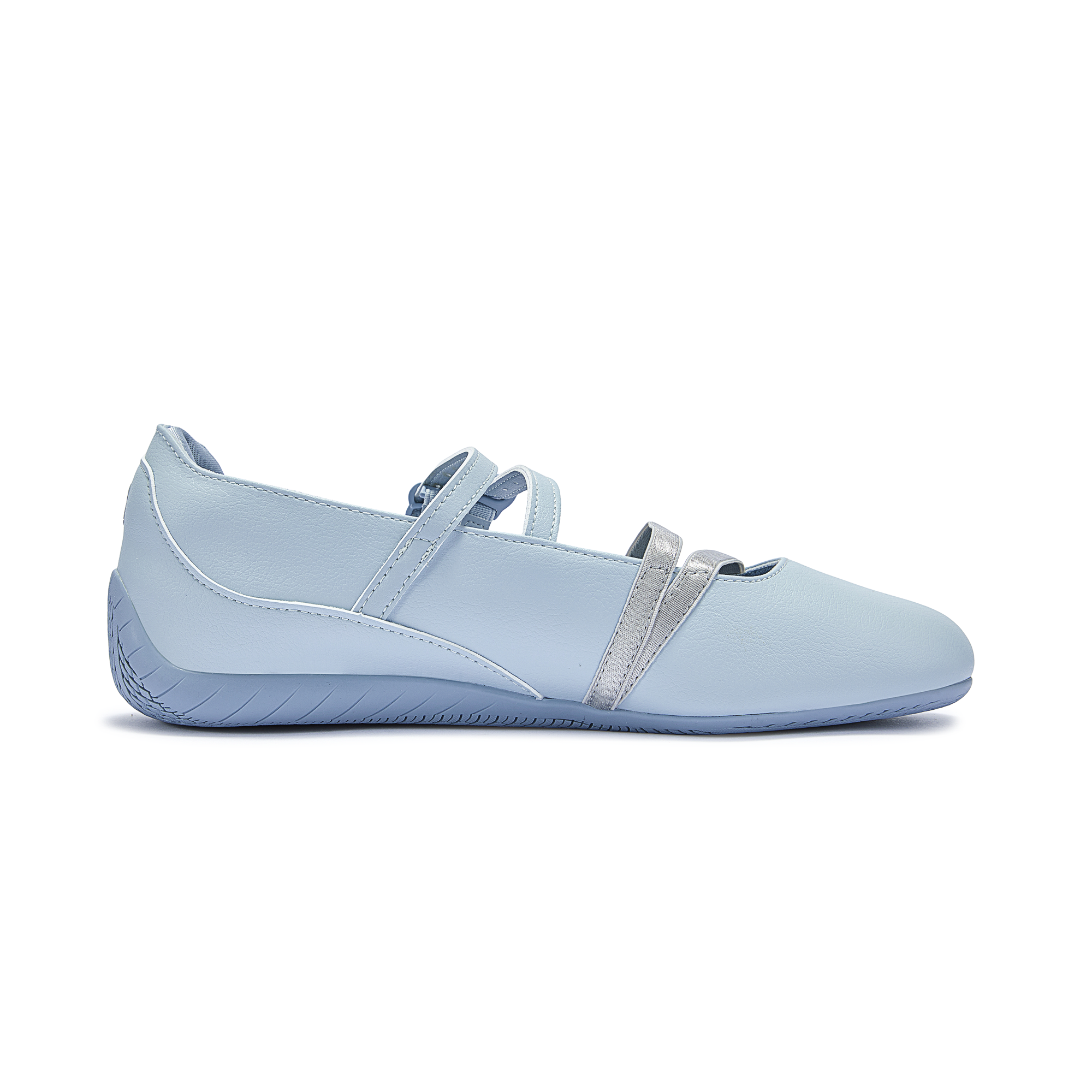 Puma Speedcat Ballet light blue silver shoes inner profile side view on white background.