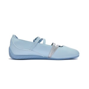 Puma Speedcat Ballet light blue silver shoes inner profile side view on white background.