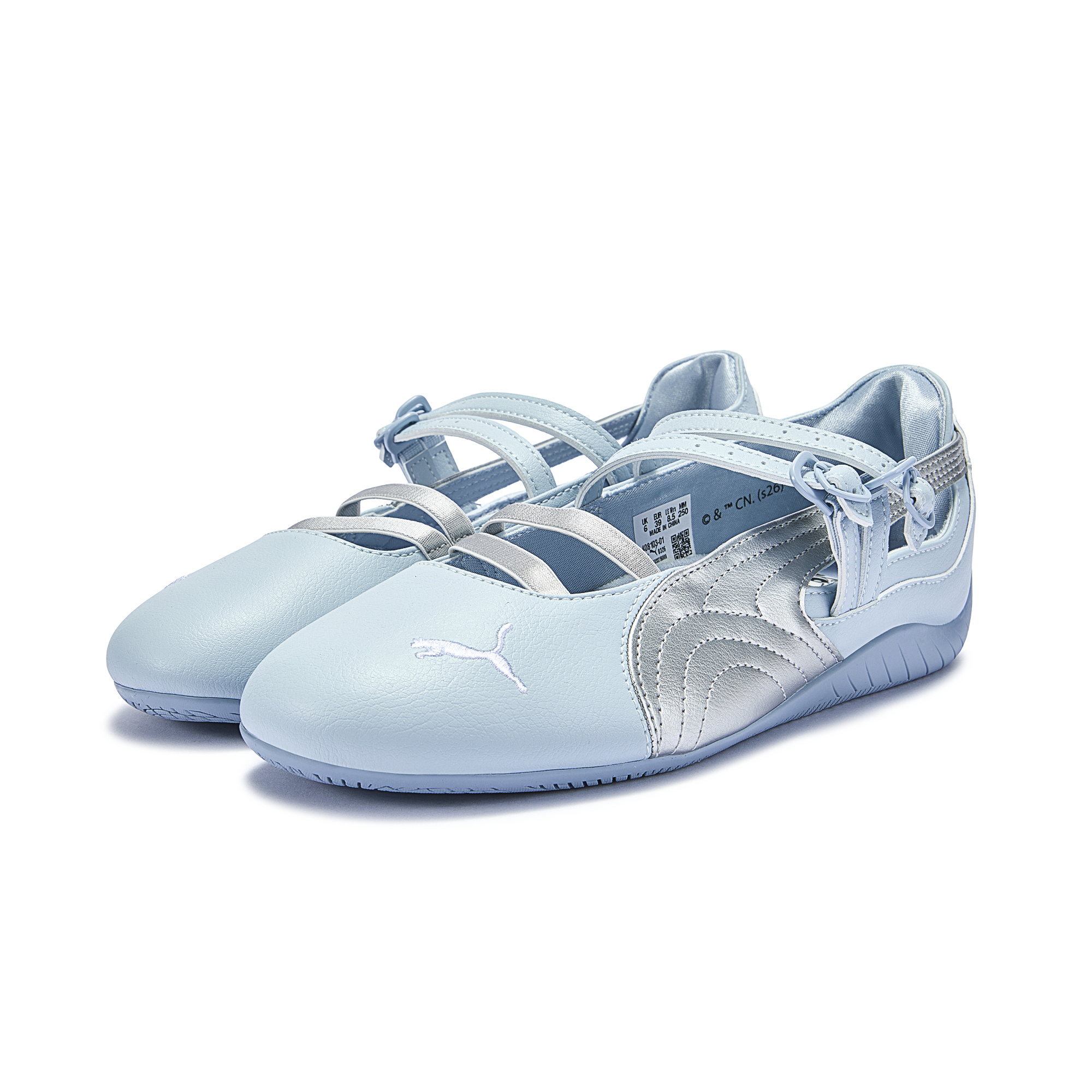 Pair of original Puma Speedcat Ballet light blue silver shoes front angle view.