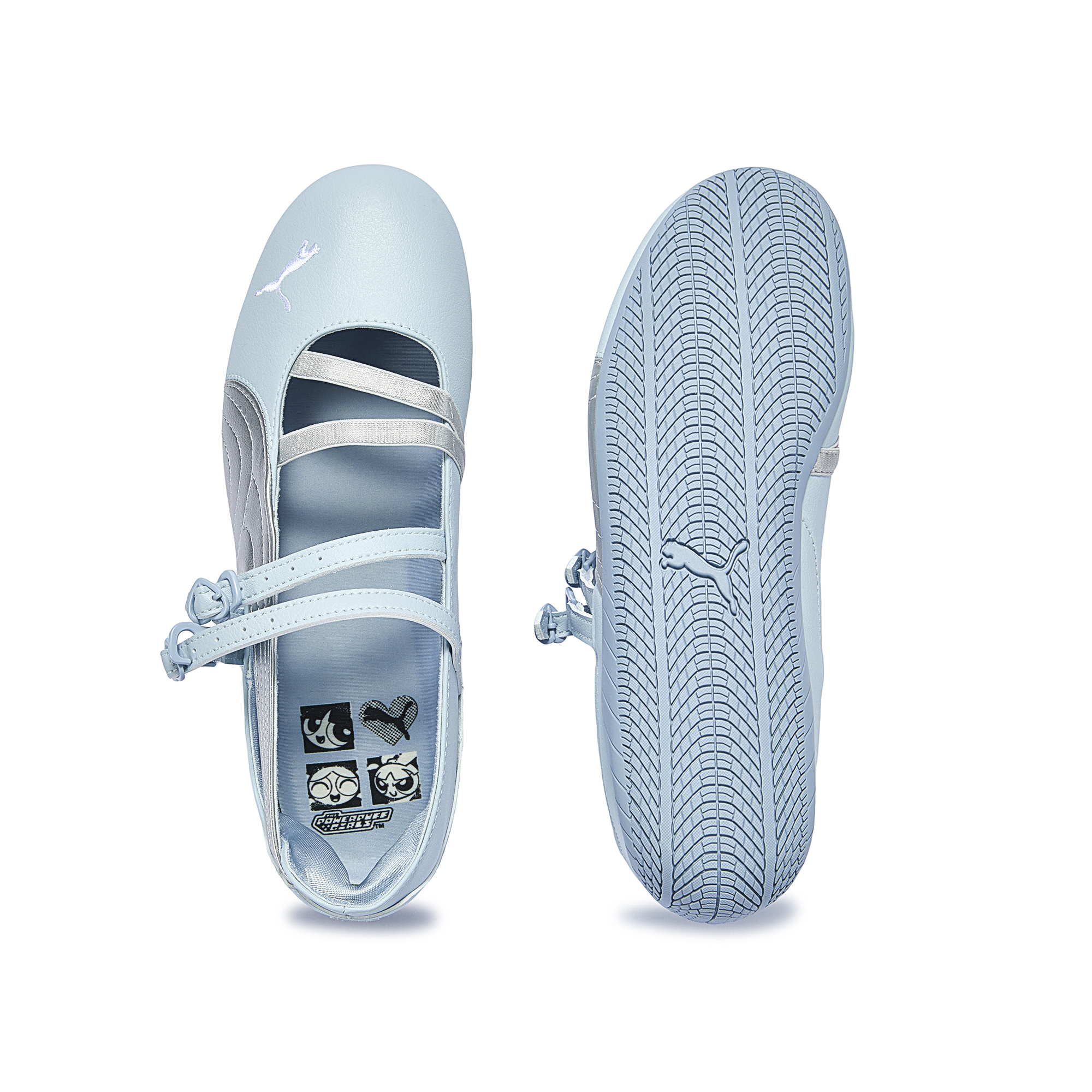 Puma Speedcat Ballet light blue silver shoes top insole view and matching blue outsole pattern.